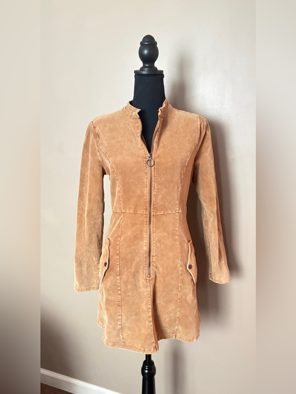 FATE Y2K Corduroy Zip Front Mini Dress camel Brown Long Sleeve Boho fall S EUC